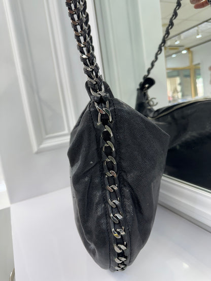 Chanel Black Lambskin Chain Hobo Bag with CC Charm – Made in Italy