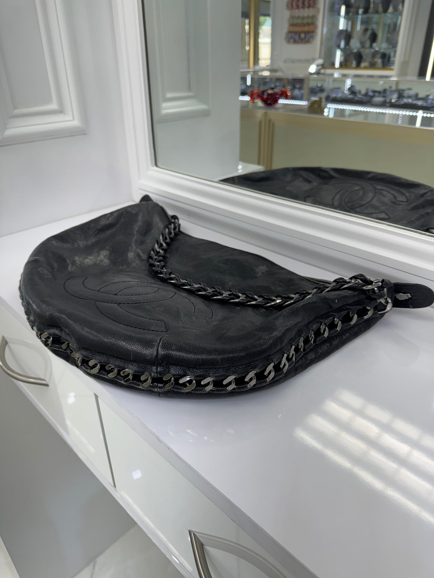 Chanel Black Lambskin Chain Hobo Bag with CC Charm – Made in Italy