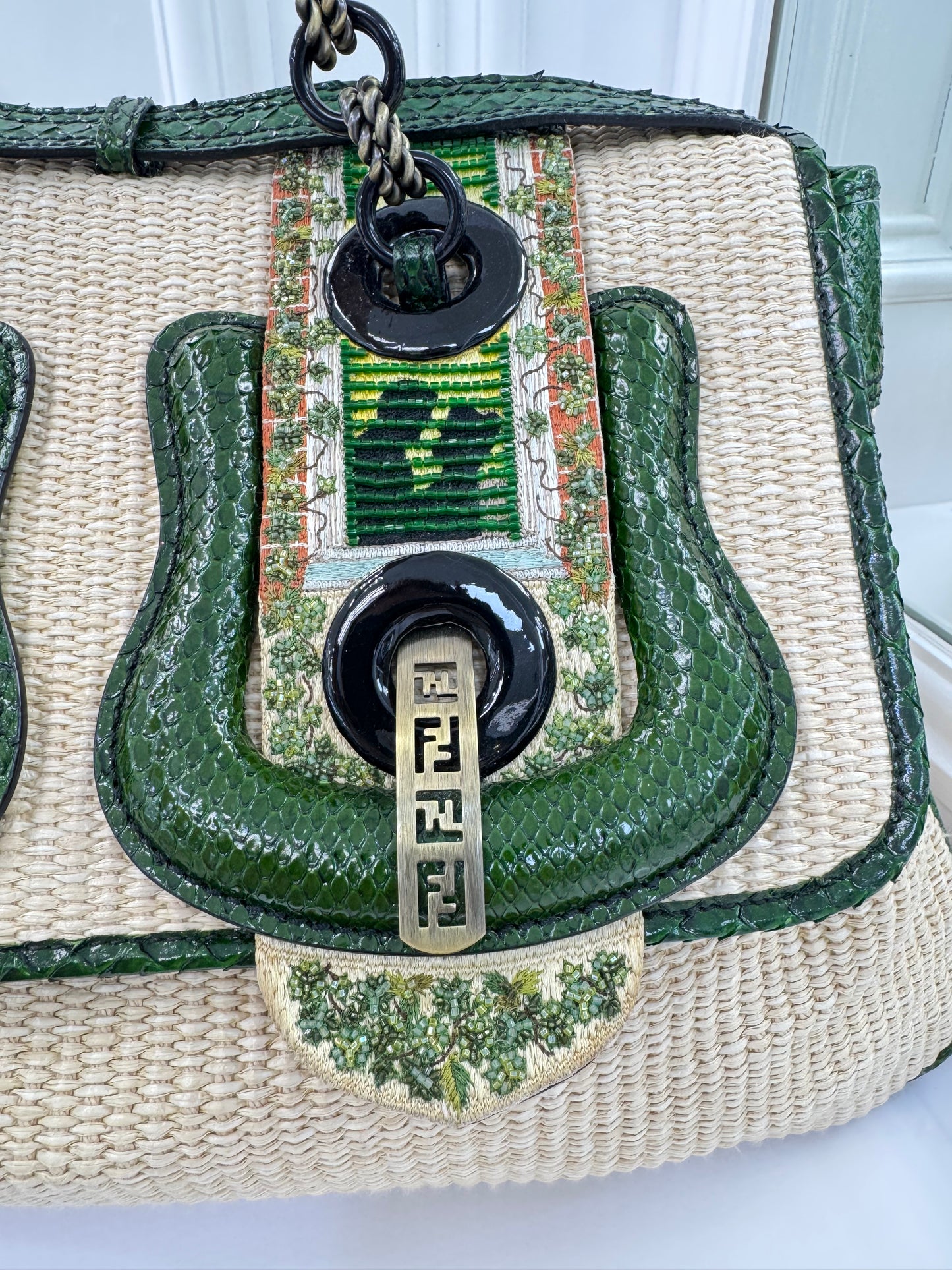 Rare Fendi Vintage Raffia & Python Embroidered B Bag Tote