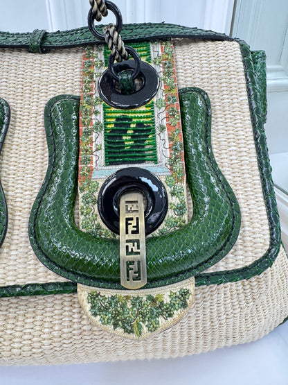 Rare Fendi Vintage Raffia & Python Embroidered B Bag Tote