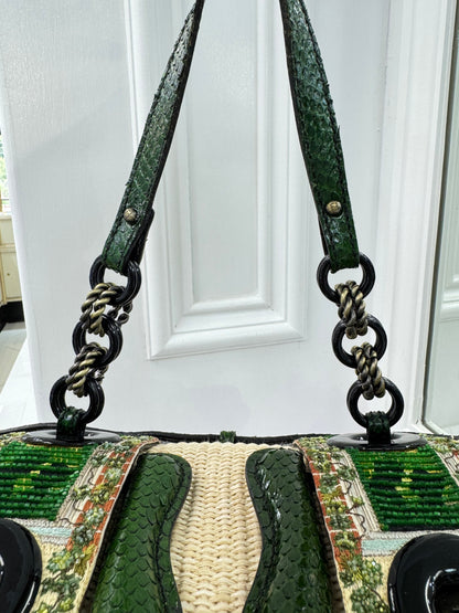 Rare Fendi Vintage Raffia & Python Embroidered B Bag Tote