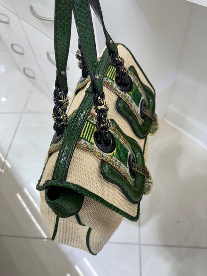 Rare Fendi Vintage Raffia & Python Embroidered B Bag Tote