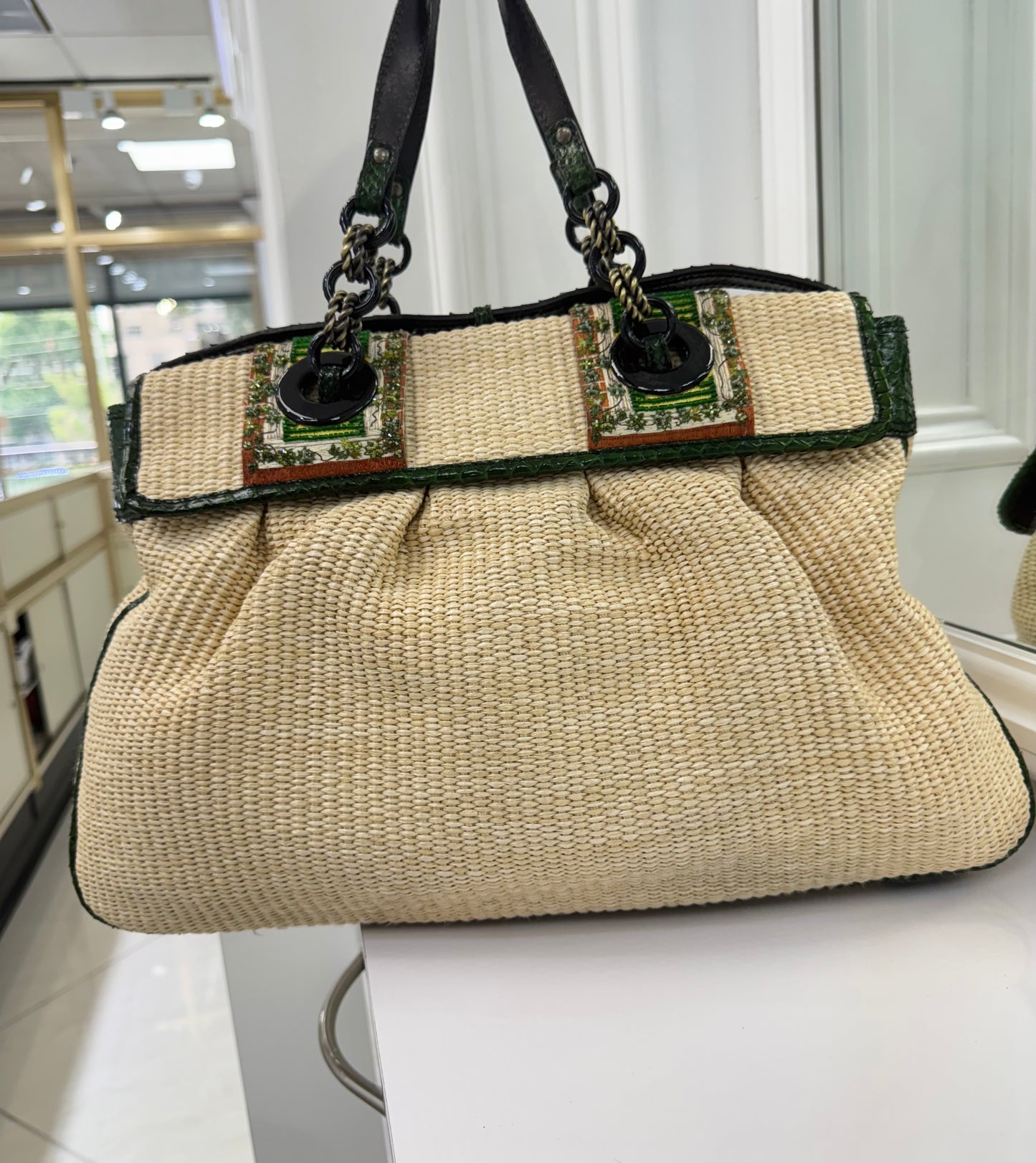 Rare Fendi Vintage Raffia & Python Embroidered B Bag Tote