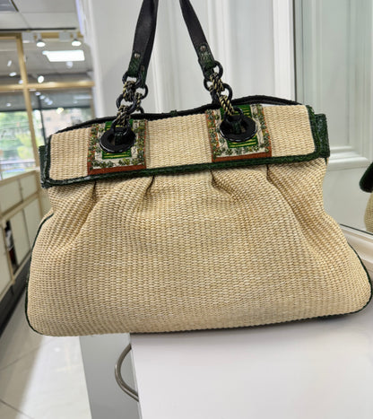 Rare Fendi Vintage Raffia & Python Embroidered B Bag Tote