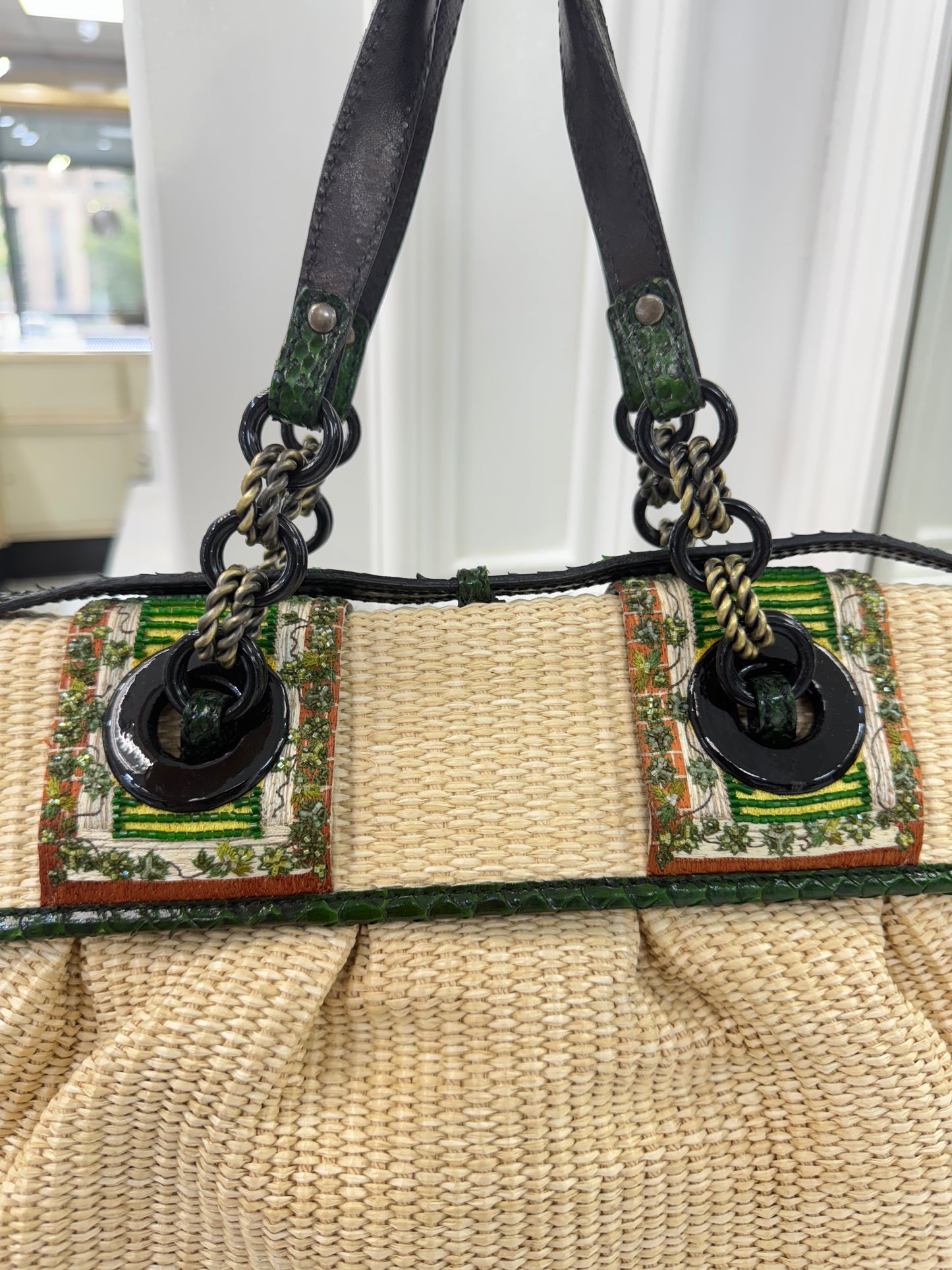 Rare Fendi Vintage Raffia & Python Embroidered B Bag Tote