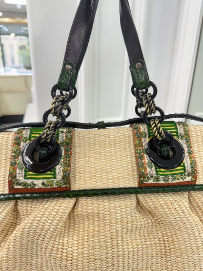 Rare Fendi Vintage Raffia & Python Embroidered B Bag Tote