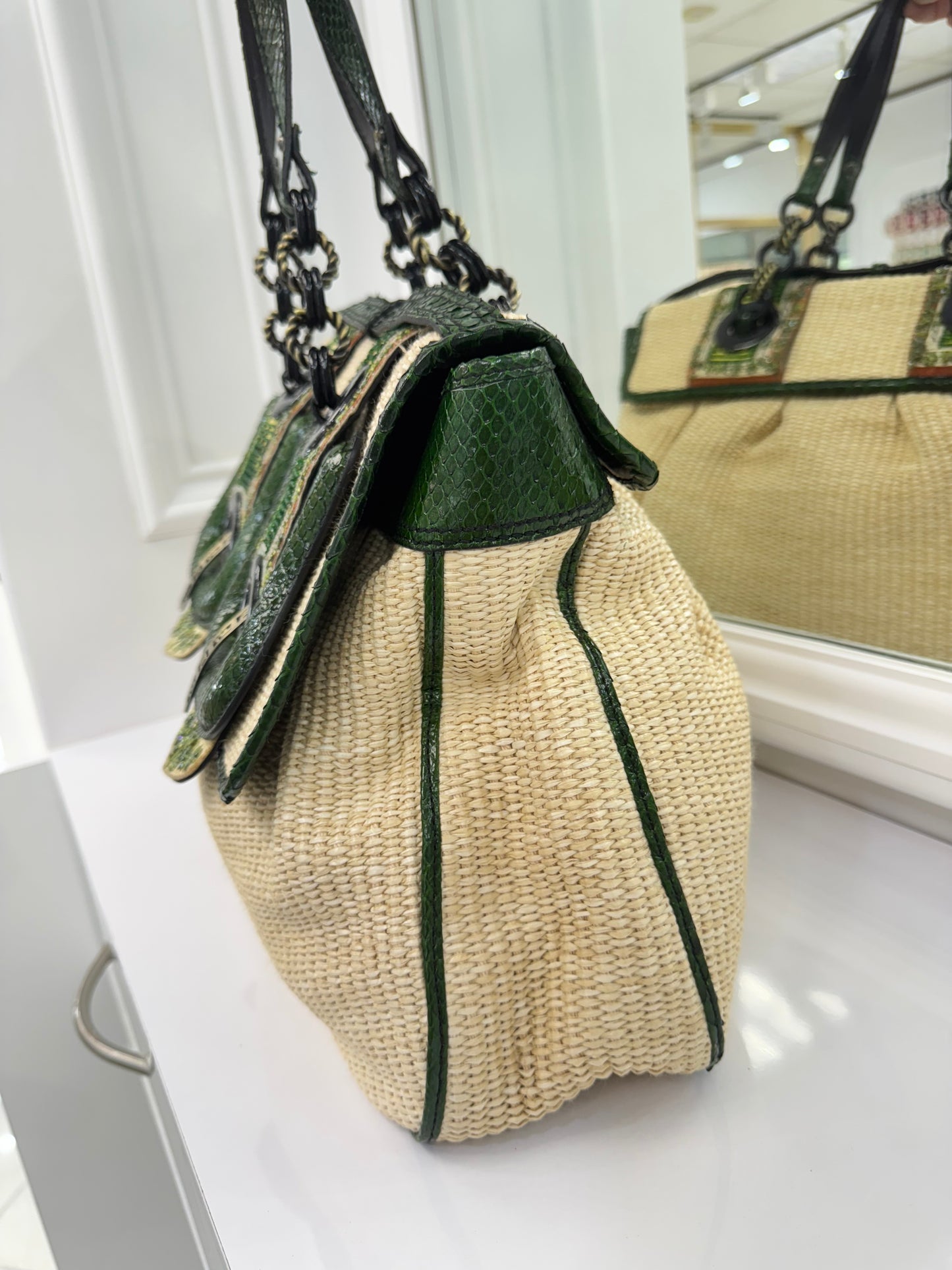 Rare Fendi Vintage Raffia & Python Embroidered B Bag Tote