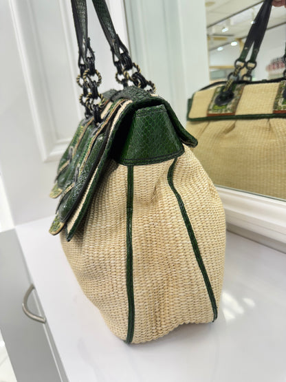 Rare Fendi Vintage Raffia & Python Embroidered B Bag Tote