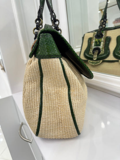 Rare Fendi Vintage Raffia & Python Embroidered B Bag Tote