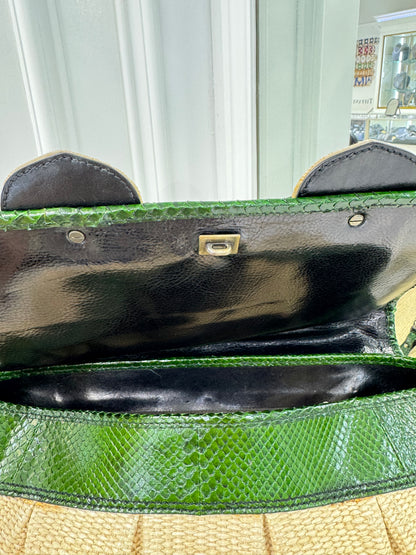 Rare Fendi Vintage Raffia & Python Embroidered B Bag Tote