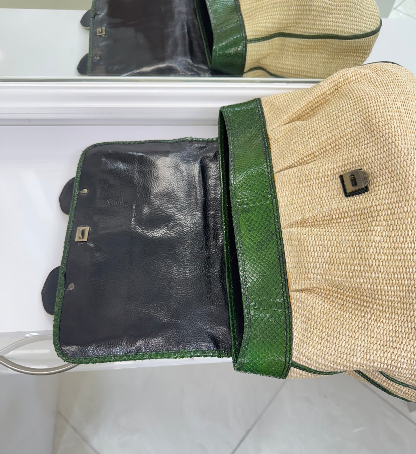 Rare Fendi Vintage Raffia & Python Embroidered B Bag Tote