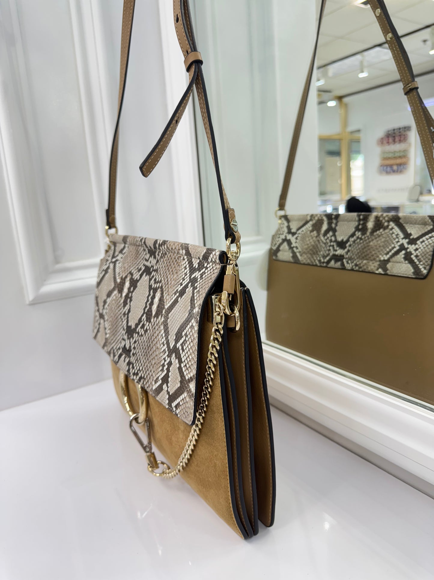 Chloé Faye Medium Shoulder Bag in Python & Calfskin Suede – New with Tags