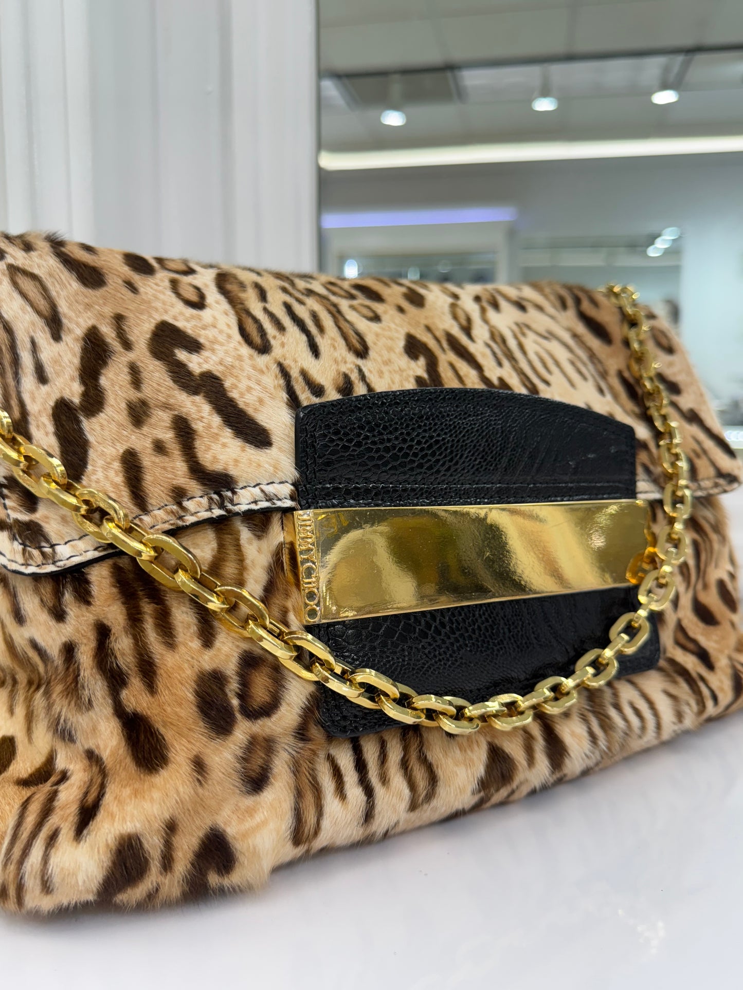 Jimmy Choo Leopard Print Calf Hair & Leather Shoulder Bag with Gold Chain