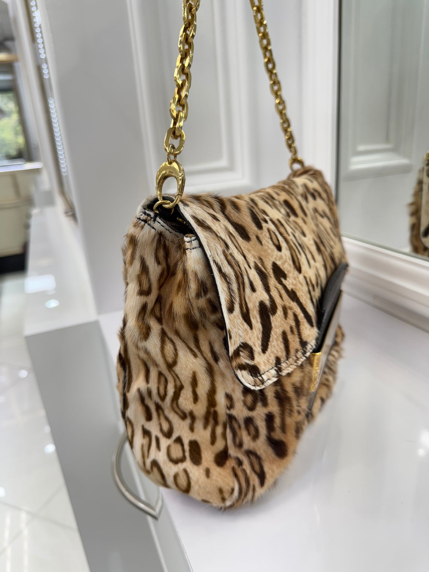 Jimmy Choo Leopard Print Calf Hair & Leather Shoulder Bag with Gold Chain