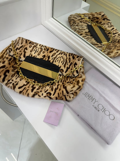 Jimmy Choo Leopard Print Calf Hair & Leather Shoulder Bag with Gold Chain