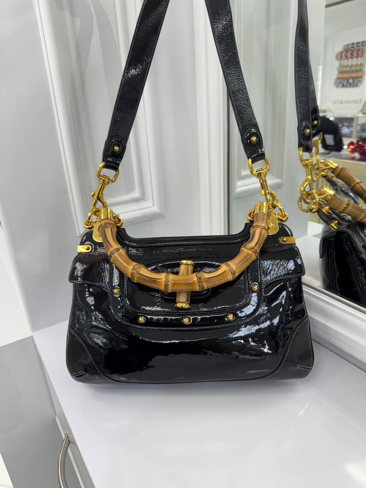 Vintage Gucci Bamboo Top Handle Bag – Black Patent Leather – Made in Italy