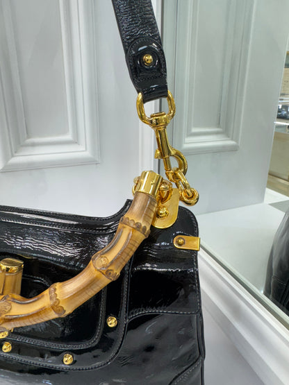 Vintage Gucci Bamboo Top Handle Bag – Black Patent Leather – Made in Italy