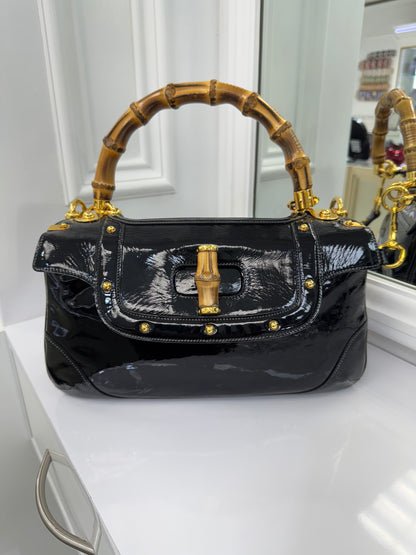 Vintage Gucci Bamboo Top Handle Bag – Black Patent Leather – Made in Italy