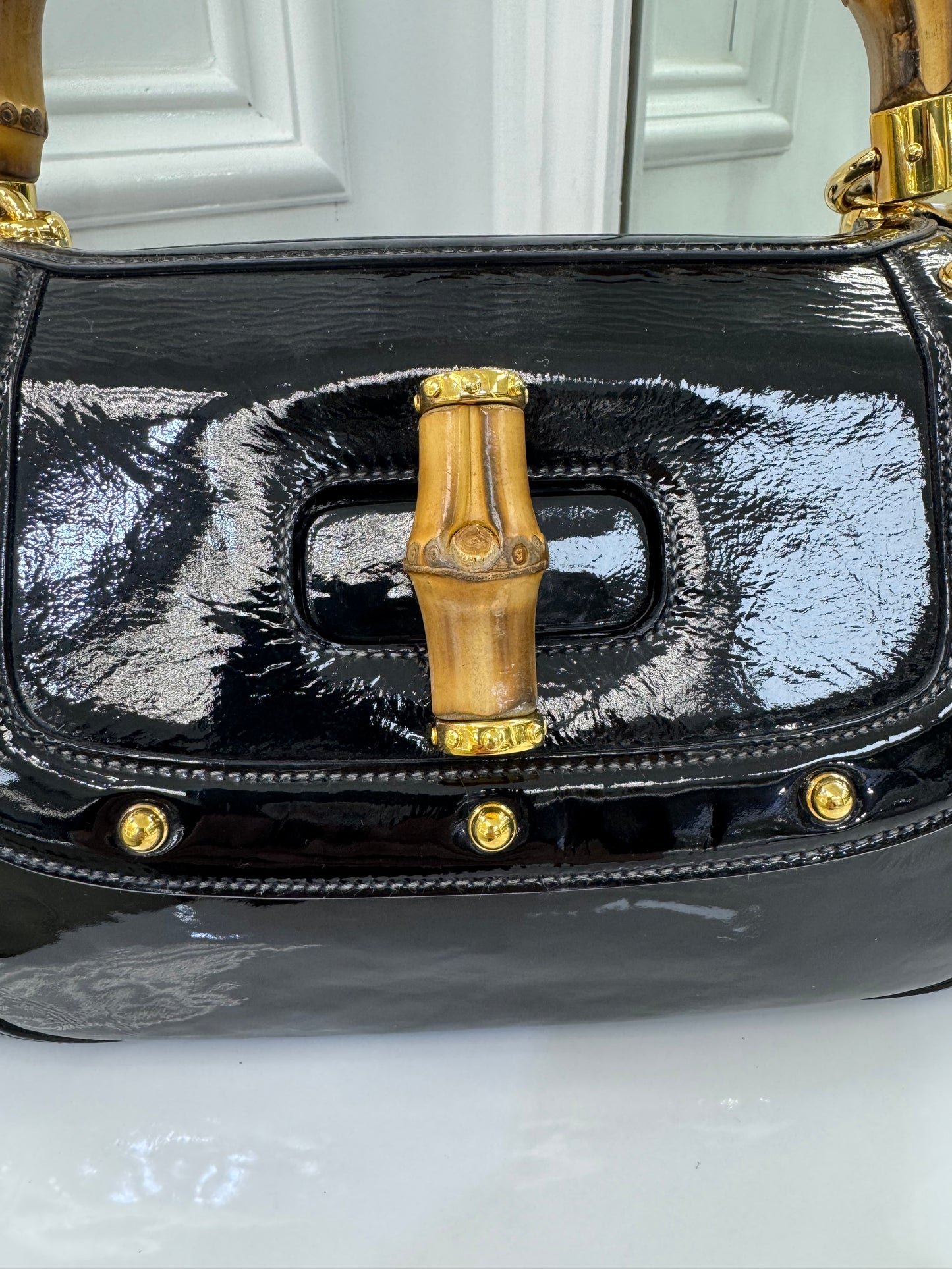 Vintage Gucci Bamboo Top Handle Bag – Black Patent Leather – Made in Italy