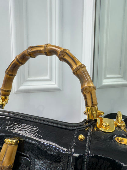 Vintage Gucci Bamboo Top Handle Bag – Black Patent Leather – Made in Italy