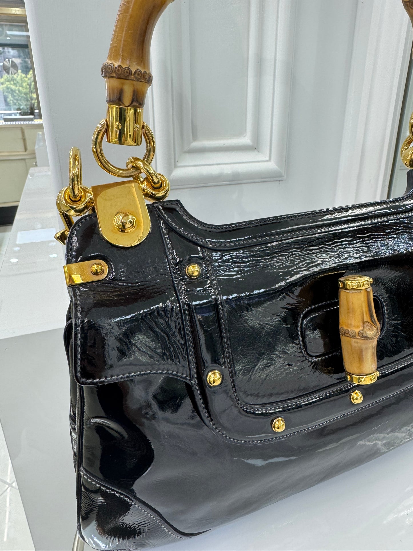 Vintage Gucci Bamboo Top Handle Bag – Black Patent Leather – Made in Italy