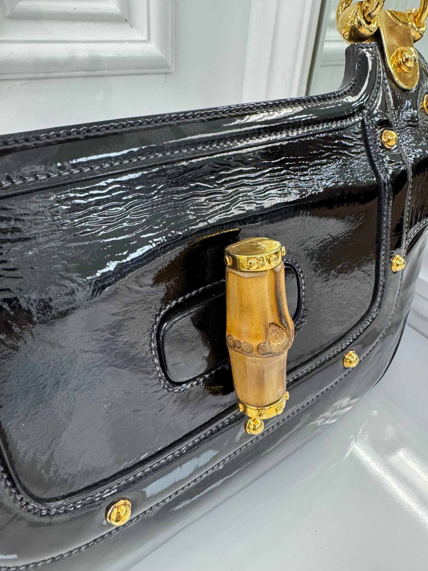 Vintage Gucci Bamboo Top Handle Bag – Black Patent Leather – Made in Italy