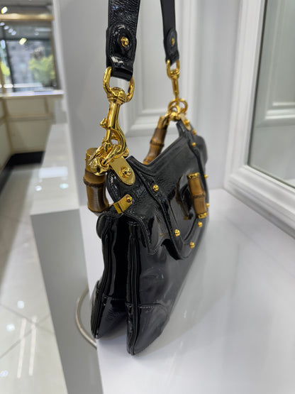 Vintage Gucci Bamboo Top Handle Bag – Black Patent Leather – Made in Italy