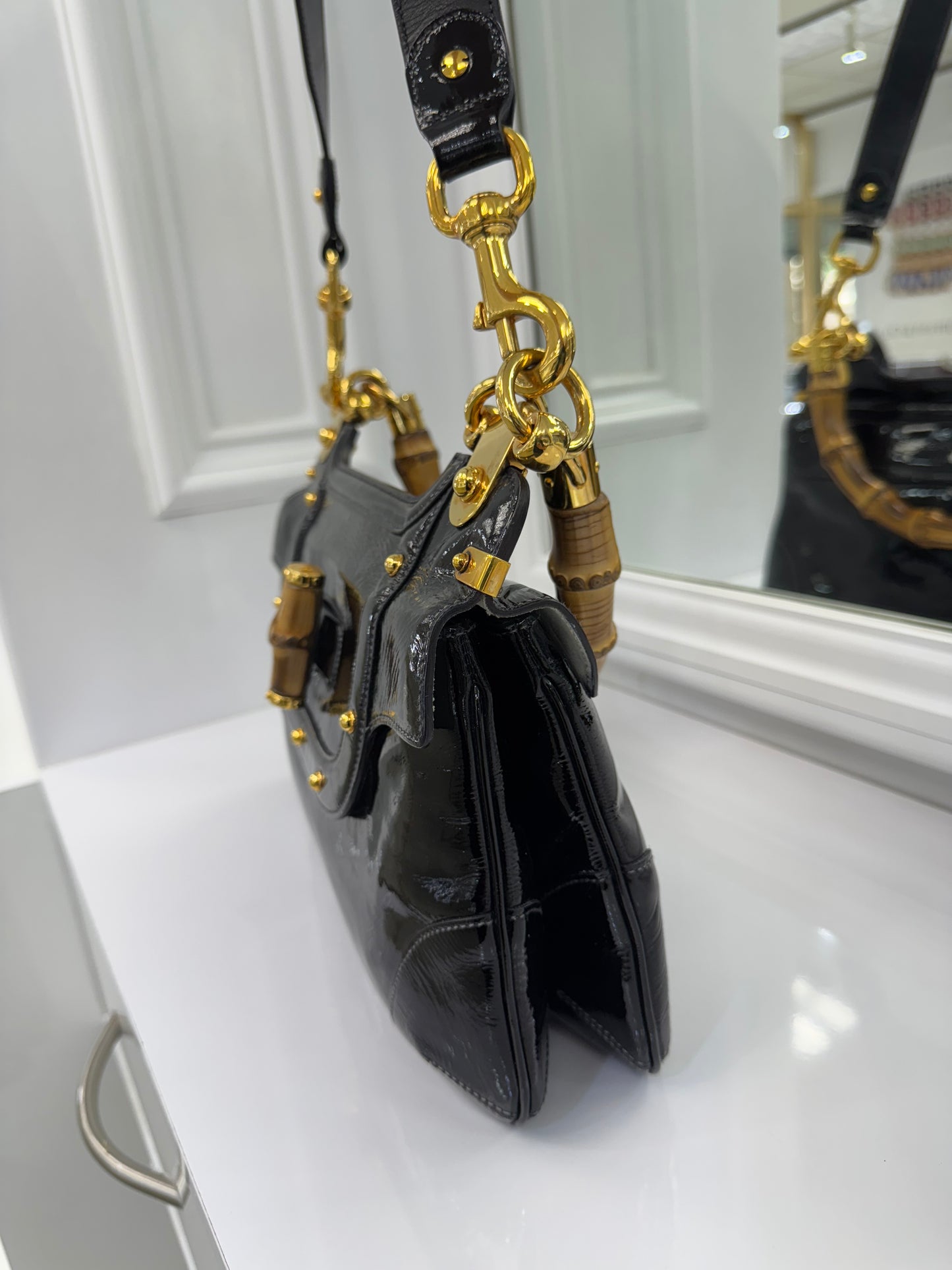 Vintage Gucci Bamboo Top Handle Bag – Black Patent Leather – Made in Italy