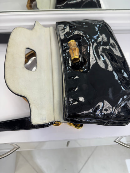 Vintage Gucci Bamboo Top Handle Bag – Black Patent Leather – Made in Italy