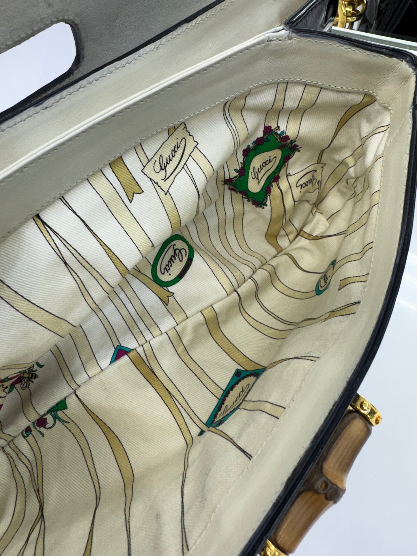 Vintage Gucci Bamboo Top Handle Bag – Black Patent Leather – Made in Italy