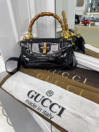 Vintage Gucci Bamboo Top Handle Bag – Black Patent Leather – Made in Italy
