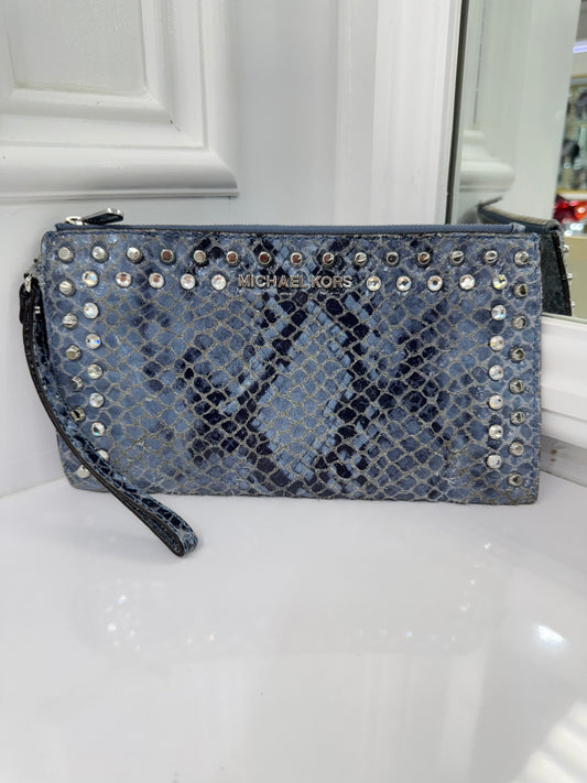 Michael Kors Blue Snakeskin Studded Clutch Wristlet