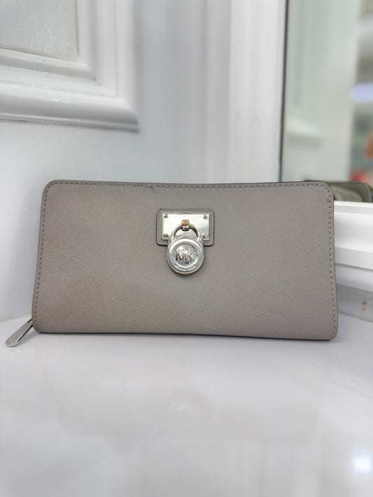 Michael Kors Pearl Gray Saffiano Leather Zip-Around Wallet with Lock Detail