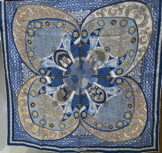 Salvatore Ferragamo Silk Scarf – Blue & Taupe Mandala-Inspired Print