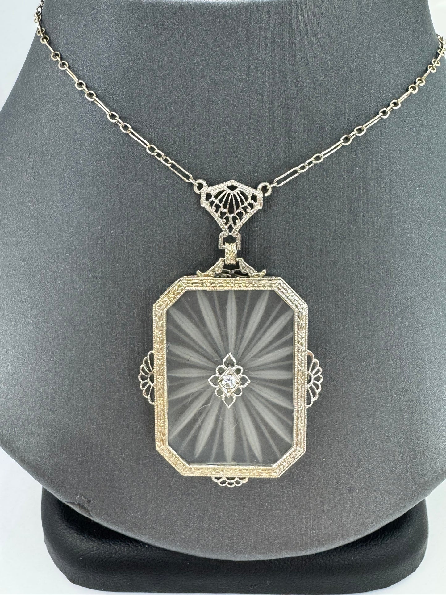 Antique Art Deco 14K White Gold, Diamond & Etched Rock Crystal Pendant Necklace