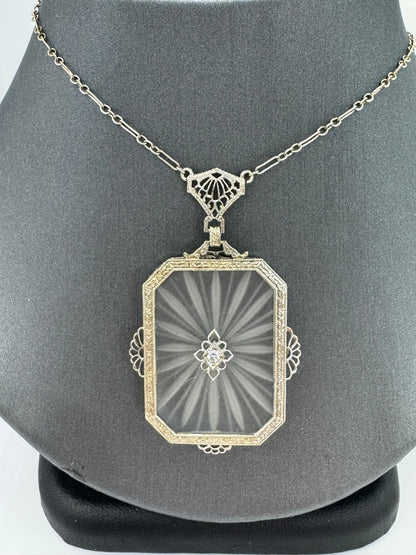 Antique Art Deco 14K White Gold, Diamond & Etched Rock Crystal Pendant Necklace