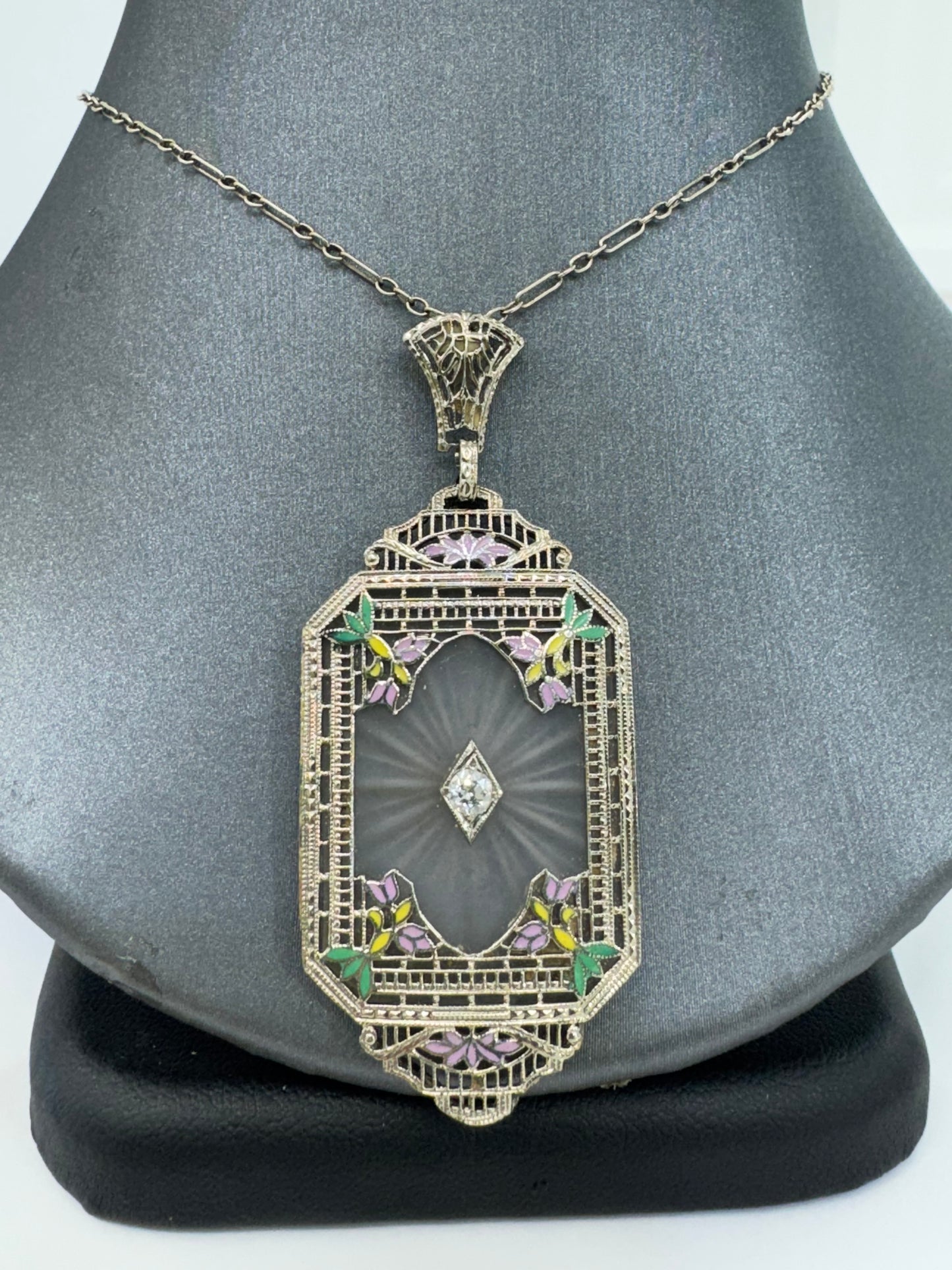 Antique Art Deco 14K White Gold Filigree Rock Crystal Necklace with Enamel & Diamond