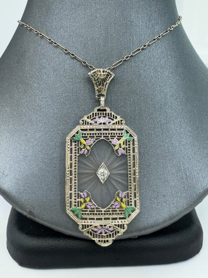 Antique Art Deco 14K White Gold Filigree Rock Crystal Necklace with Enamel & Diamond