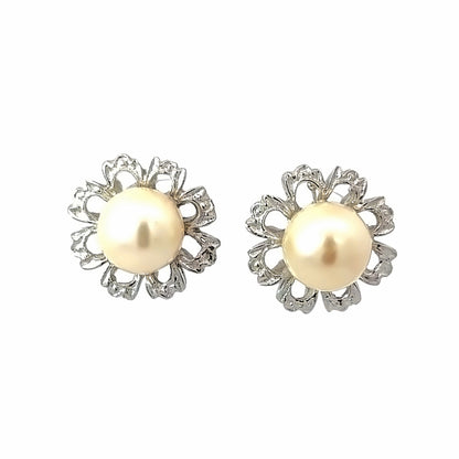 18K White Gold Pearl Flower Screw-Back Earrings