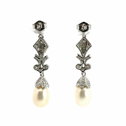 Elegant 14K White Gold Pearl Drop & Diamond Earrings