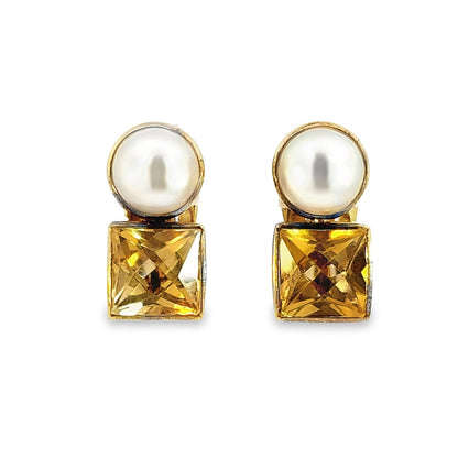 14K Yellow Gold Unique Pearl & Citrine Clip-On Earrings