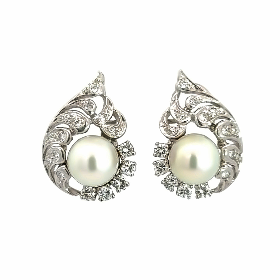Beautiful Platinum Pearl & Diamond French-Clip Earrings