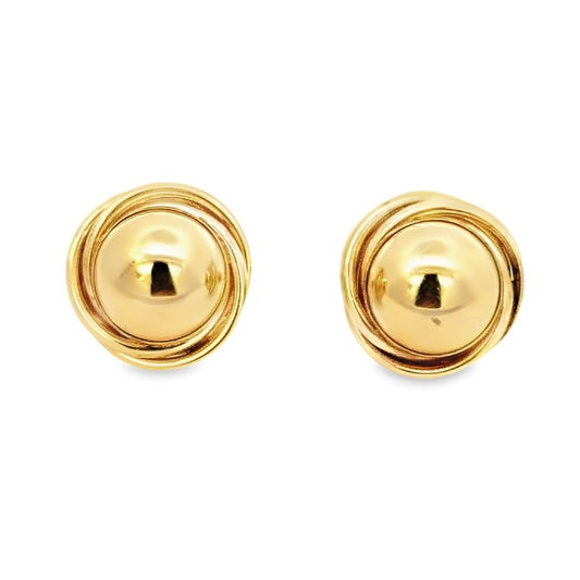 14K Yellow Gold Domed Half-Sphere Framed Button Earrings