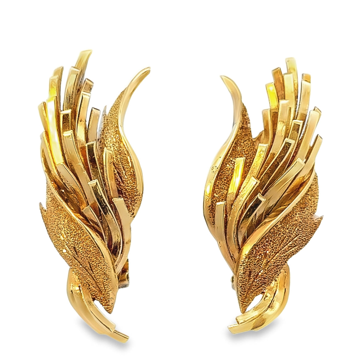 1950’s 18K Yellow Gold Dimensional Large Wing Clip-On Earrings