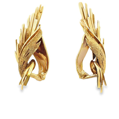 1950’s 18K Yellow Gold Dimensional Large Wing Clip-On Earrings