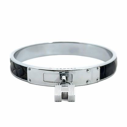 Hermes Silver & Leather Kelly Bangle with Padlock Charm