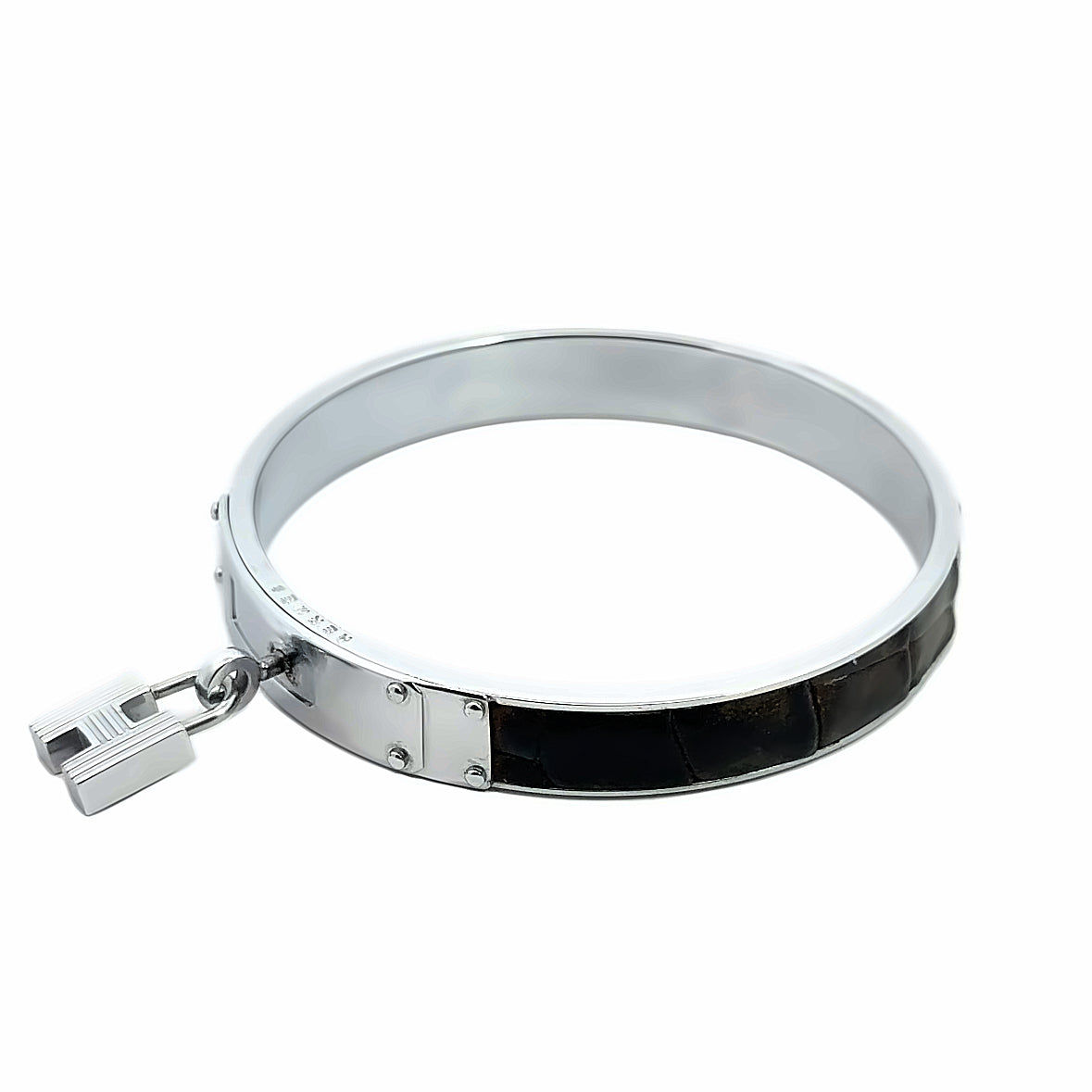 Hermes Silver & Leather Kelly Bangle with Padlock Charm
