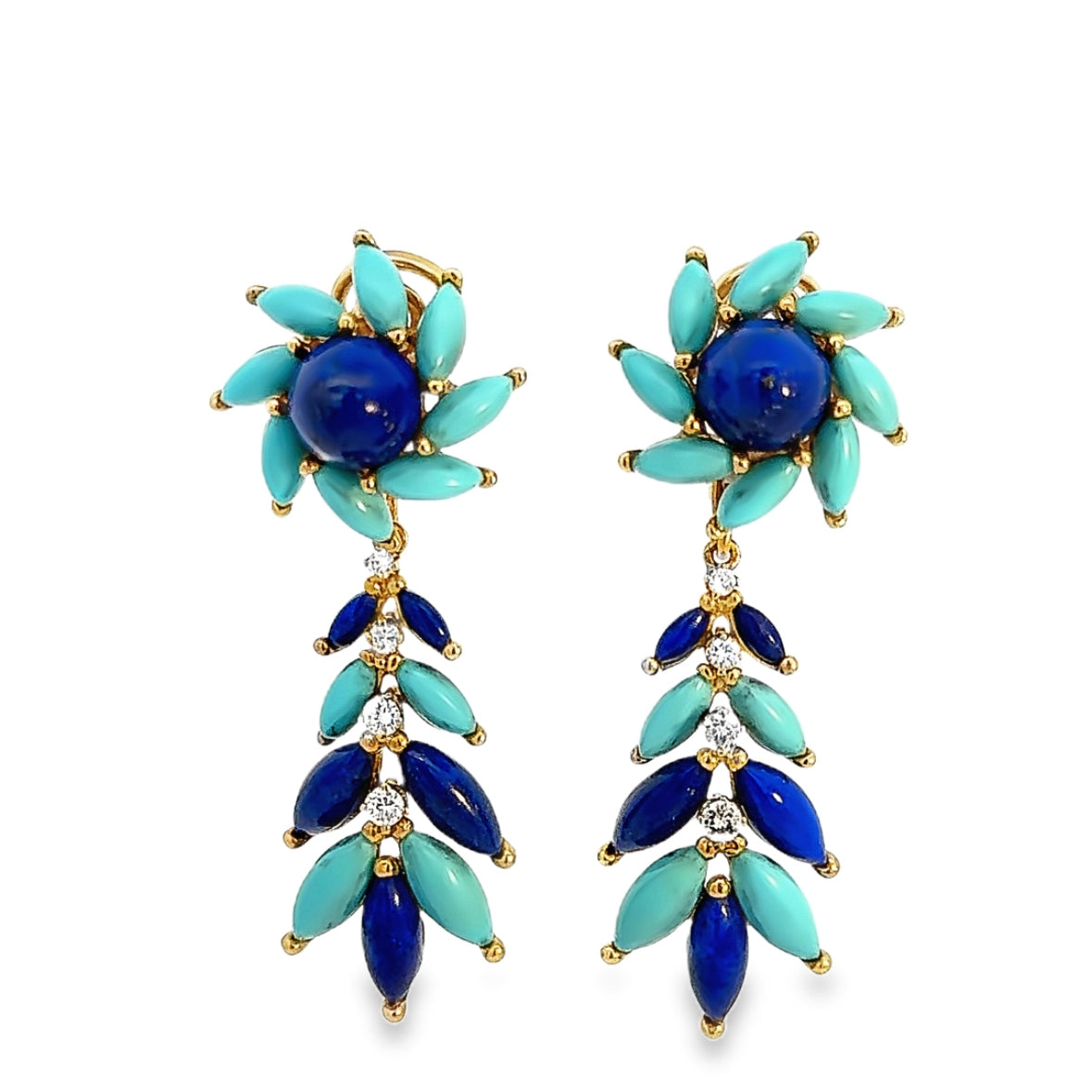 18K Yellow Gold Lapis Lazuli, Turquoise & Diamond Clip-On Earrings