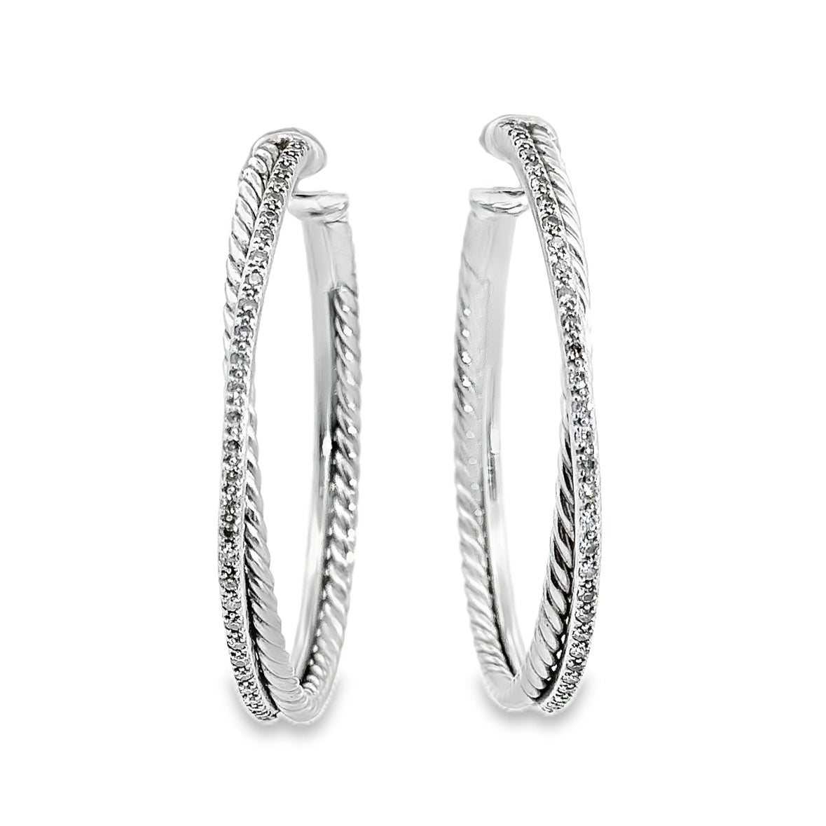 David Yurman Sterling Silver & Diamond Crossover Large Hoop Earrings