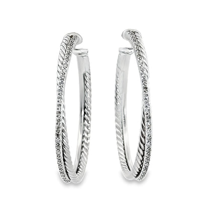 David Yurman Sterling Silver & Diamond Crossover Large Hoop Earrings